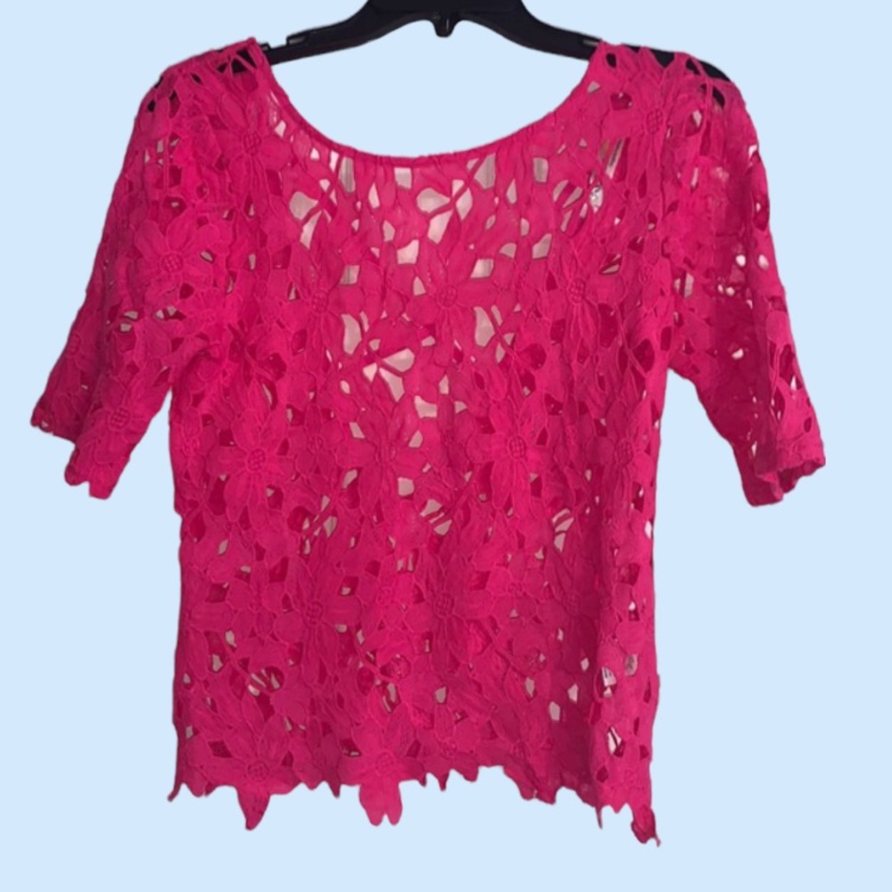 Angela Fashions Fuchsia Pink Crochet Criss Cross Back Lace Top NWOT - Picture 4 of 11